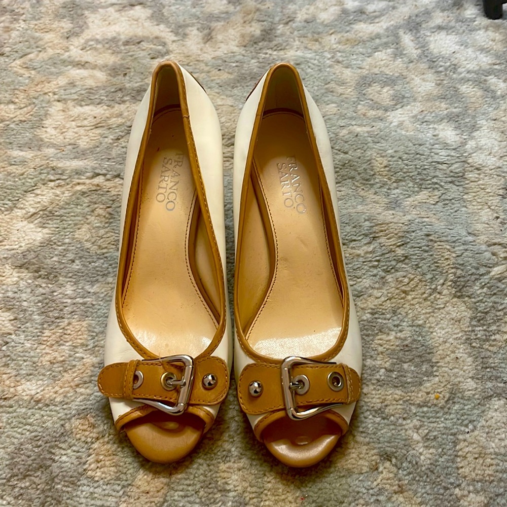 Beige and white open toe heels